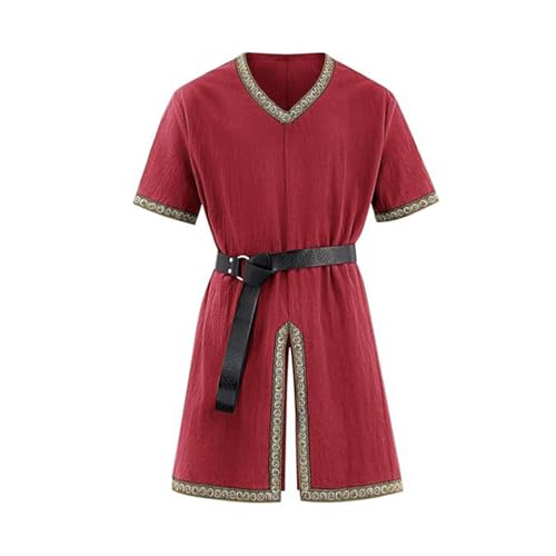 Bkazwe Praktische Sommer Wikinger Hemd Herren Ärmellos Tunika mit Mittelaltergürtel Baumwolle Leinen LARP Kostüm, Mittelaltermarkt Outfit | Bordüren-Akzent von Bkazwe