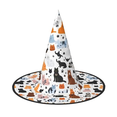 Bkdogkt Cartoon Katze und Hund Druck Halloween Hexenhut Unisex Karneval Party Kostüm Zubehör Breite Kappe Faltbar von Bkdogkt