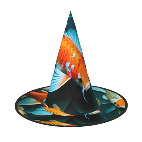 Bkdogkt HD Japanischer Koi Fisch Druck Halloween Hexenhut Unisex Karneval Party Kostüm Zubehör Breite Kappe Faltbar von Bkdogkt