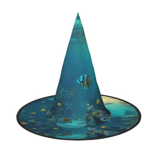 Bkdogkt Niedlicher blauer Fischdruck Halloween Hexenhut Unisex Karneval Party Kostüm Zubehör breite Kappe faltbar von Bkdogkt