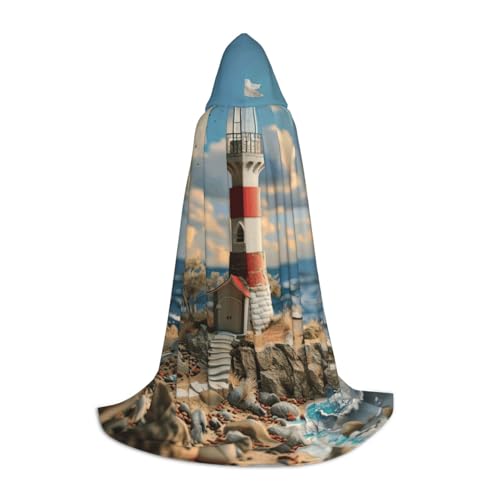 Bkdogkt The Seaside Leuchtturm-Aufdruck, Unisex, Kapuzenumhang für Zauberer, Karneval, Halloween, Weihnachten, Cosplay, Robe von Bkdogkt