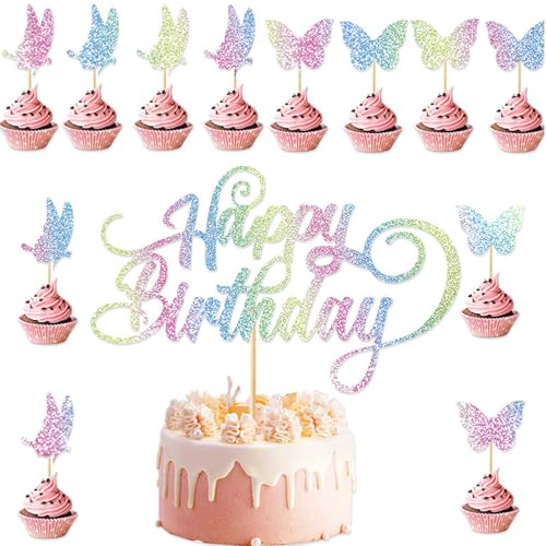 Bkemkri 13 Stück Schmetterling Tortendeko Schmetterlinge, Cupcake Topper Glitter Schmetterlinge Deko Torte, Happy Birthday Cake Topper, Kuchen Deko Geburtstag Mädchen für Themen Party, Geburtstag Deko von Bkemkri