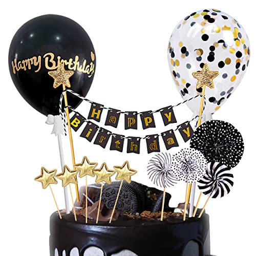 Bkemkri Tortendeko Schwarz Gold 12 Stück, Happy Birthday Tortendeko, Geburtstag Torte Topper, Cake Topper, Geburstagstorte Deko, Kuchen Deko für Geburtstag mit Sternen, Konfetti Ballon, Papierfächer Bkemkri Tortendeko Schwarz Gold 12 Stück, Happy Birthday Tortendeko, Geburtstag Torte Topper, Cake Topper, Geburstagstorte Deko, Kuchen Deko für Geburtstag mit Sternen, Konfetti Ballon, Papierfächer von Bkemkri