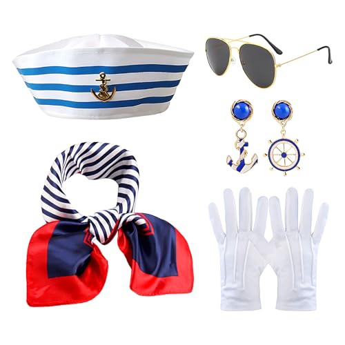 Bkljkf Seemann Kostüm, Yacht Captain Kostüm | Marine Kostüm Erwachsene Set mit Hut Sonnenbrille Schal - 5x Neuheitskleidung für Weihnachten Hochzeit Cosplay von Bkljkf