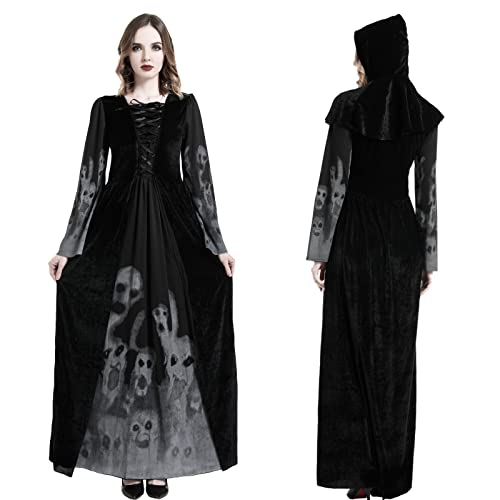 Bkpaweero Hexenkostüm Damen Halloween Kostüm Erwachsenen Hexen Kostüm Frauen Schwarze Geisterbraut Abendkleid,Vampir Zombie Langes Robe Kostüme für Cosplay Damen Hexen Kostüm (Schwarz, L) von Bkpaweero