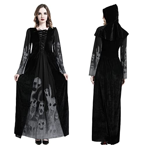 Bkpaweero Hexenkostüm Damen Halloween Kostüm Erwachsenen Hexen Kostüm Frauen Schwarze Geisterbraut Abendkleid,Vampir Zombie Langes Robe Kostüme für Cosplay Damen Hexen Kostüm (Schwarz, L) von Bkpaweero