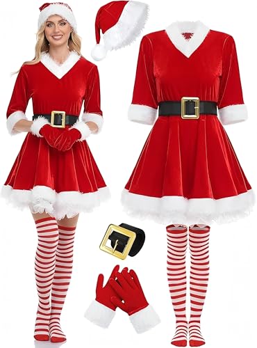 Bkul Weihnachten Kostüm Damen Weihnachtskostüm 5 teiliges Set - Samtkleid mit Gürtel Gestreifte Overknee-Socken Weihnachtsmütze Handschuhe(L) von Bkul