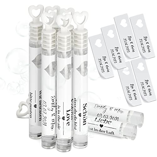 Bl4ckPrint 24er Set Seifenblasen Röhrchen personalisierbar Hochzeit - Liebe ist in der Luft - Herz Seifenblasen mit Seifenblasenflüssigkeit - Hochzeits Geschenk - Herz Seifenblasenbehälter Bl4ckPrint 24er Set Seifenblasen Röhrchen personalisierbar Hochzeit - Liebe ist in der Luft - Herz Seifenblasen mit Seifenblasenflüssigkeit - Hochzeits Geschenk - Herz Seifenblasenbehälter von Bl4ckPrint