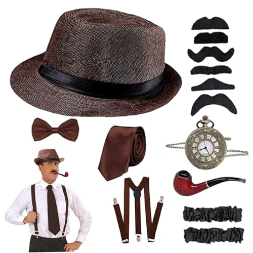 Blablablalu 8pcs/Set 1920 Herrenzubehör Retro 1920 Herren -Outfit -Set umfassen Coffee Fliege Hosenträger Hut Watch Fake Bart und mehr für Partyzubehör 1920er Jahre von Blablablalu