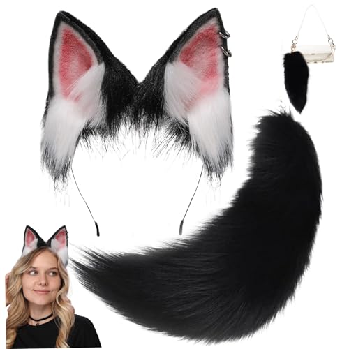 Blablablalu Fuchsohr und Schwanz Set pelzige realistische künstliche süße Fuchsschwanz und Ohren dekorativ schwarzweiß Kostüm für Cosplay -Party Blablablalu Fuchsohr und Schwanz Set pelzige realistische künstliche süße Fuchsschwanz und Ohren dekorativ schwarzweiß Kostüm für Cosplay -Party von Blablablalu