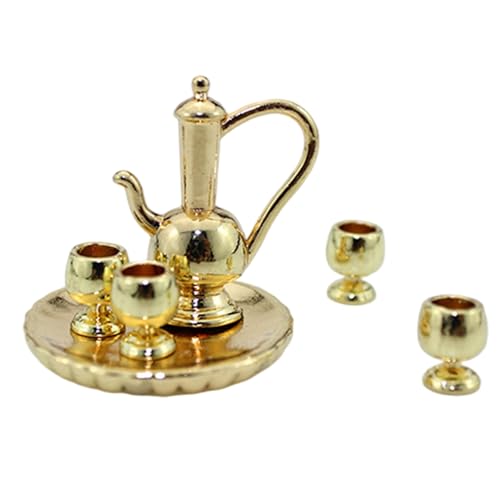 Miniature -Tee -Set, 1 12 -Skala -Goldlegierung Mini -Tee -Set mit Mini -Tassen, Teekannen und Tablett für Puppenhausdekorationen Kindergeschenke Tassen von Blablablalu
