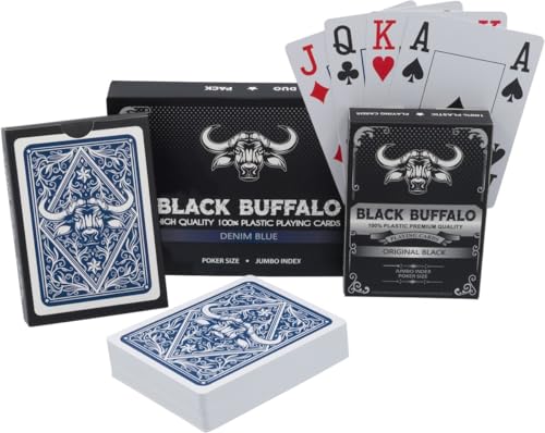 Black Buffalo Playing Cards – Wasserfeste Pokerkarten von Plastik – 4 Echzeichen mit Jumbo Index – Doppelpack Schwarz und Blau von Black Buffalo Playing Cards