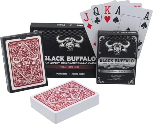 Black Buffalo Playing Cards – Wasserfeste Pokerkarten von Plastik – 4 Echzeichen mit Jumbo Index – Doppelpack Schwarz und Rot von Black Buffalo Playing Cards