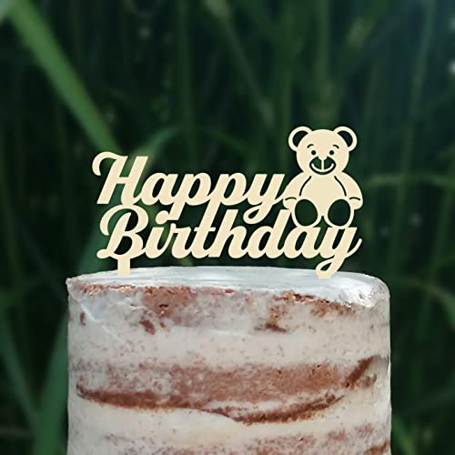 Cake Topper (Happy Birthday) Acryl/Holz Teddy Bär Tortenstecker, Tortenfigur, Tortendeko, Torte, Tortenständer, Geburtstag (Creme/Elfenbein) von Blacked LaserTEC