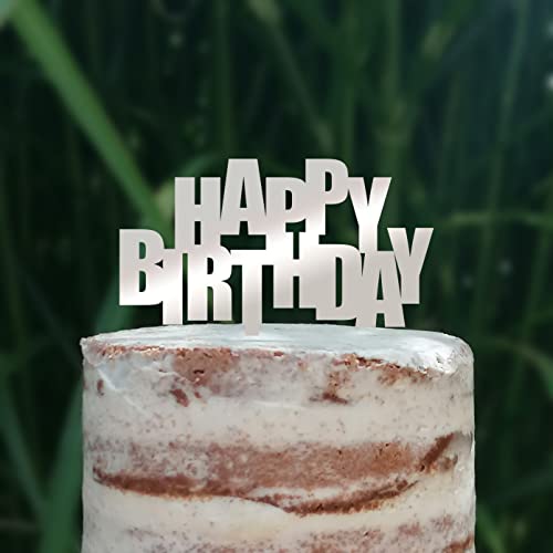 Cake Topper (Happy Birthday) Geburtstag, Acryl/Holz, Tortenstecker, Tortenfigur, Tortendeko, Tortenaufsatz, Torte, Blockschrift (Silber) von Blacked LaserTEC