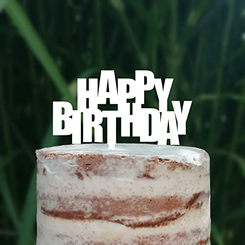 Cake Topper (Happy Birthday) Geburtstag, Acryl/Holz, Tortenstecker, Tortenfigur, Tortendeko, Tortenaufsatz, Torte, Blockschrift (Weiß) von Blacked LaserTEC