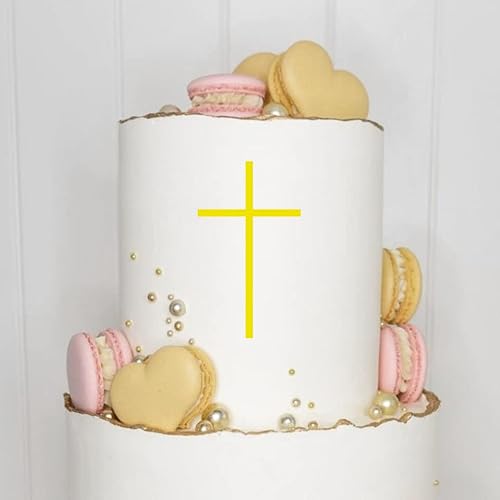 Cake Topper (Kreuz) Charm, Acryl/Holz, Taufe, Kommunion, Konfirmation, Firmung, Tortenstecker, Torte, Kuchen, Stecker, Deko, Caketopper (1 Stück, Gelb) von Blacked LaserTEC