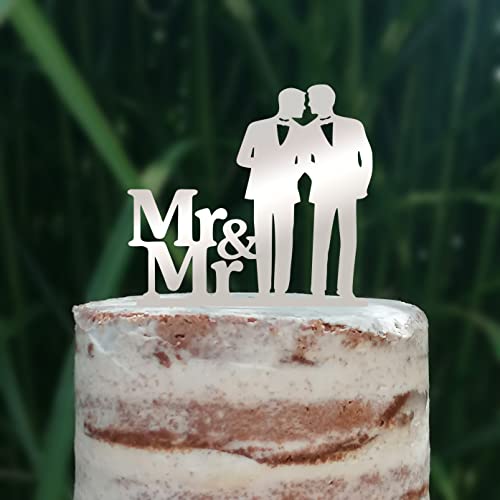 Cake Topper (Männerpaar), Mr & Mr, Hochzeit, Verlobung, Trauung, Acryl/Holz, Tortenstecker, Tortenfigur, Tortendeko, Hochzeitstorte, Mann und Mann, Herren, Gay, Schwul, Tortenständer (Silber) von Blacked LaserTEC