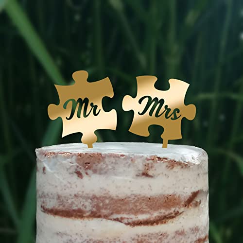 Cake Topper Puzzle, Mr & Mrs, Mr & Mr, Mrs & Mrs, Hochzeit, Verlobung, Acryl/Holz, Tortenstecker, Tortenfigur, Tortendeko, Hochzeitstorte, Herr und Frau, Tortenständer (Gold, Mr & Mrs) von Blacked LaserTEC