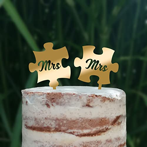 Cake Topper Puzzle, Mr & Mrs, Mr & Mr, Mrs & Mrs, Hochzeit, Verlobung, Acryl/Holz, Tortenstecker, Tortenfigur, Tortendeko, Hochzeitstorte, Herr und Frau, Tortenständer (Gold, Mrs & Mrs) von Blacked LaserTEC