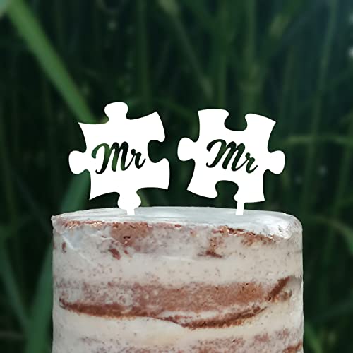 Cake Topper Puzzle, Mr & Mrs, Mr & Mr, Mrs & Mrs, Hochzeit, Verlobung, Acryl/Holz, Tortenstecker, Tortenfigur, Tortendeko, Hochzeitstorte, Herr und Frau, Tortenständer (Weiß, Mr & Mr) von Blacked LaserTEC
