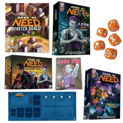 Blacklist Games Hour of Need Brettspiel-Bundle: Gem and Ice, Judge & Jury Expansion, Stretch Goals, Jade Kid, Redemption, Dice, and Playmat (7 Items) von Blacklist Games