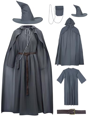 Blafly Zauberer-Kostüm für Herren, 5 Stück, grauer Zauberer, Robe, Kostüme, Erwachsene, Mittelalter-Kostüm, Halloween, Cosplay, Party, Outfit, Umhang, Hut, Gürteltasche, Grau, XL Blafly Zauberer-Kostüm für Herren, 5 Stück, grauer Zauberer, Robe, Kostüme, Erwachsene, Mittelalter-Kostüm, Halloween, Cosplay, Party, Outfit, Umhang, Hut, Gürteltasche, Grau, XL von Blafly