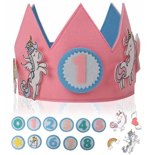 Blarie 1 Jahr Geburtstagskrone - Widerstandsfähiger Klettverschluss - Abnehmbar - Stoff ohne Härte, Kindermütze, Erste Geburtstagskrone für Jungen, Mädchen und Babys (Einhorn) von Blarie
