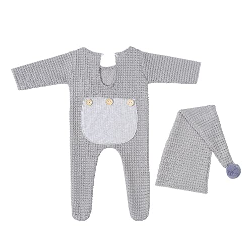 Blausky Baby Fotoshooting Kostüme Set,Stricken Strampler & Bommelmütze Neugeborene Fotografie Requisit Babybekleidung Hüte mit Pompom Fotografie Requisite für 0-3 Monate Jungen Mädchen,Grau von Blausky