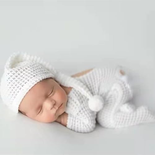 Blausky Baby Fotoshooting Kostüme Set,Stricken Strampler & Bommelmütze Neugeborene Fotografie Requisit Babybekleidung Hüte mit Pompom Fotografie Requisite für 0-3 Monate Jungen Mädchen,Weiß von Blausky