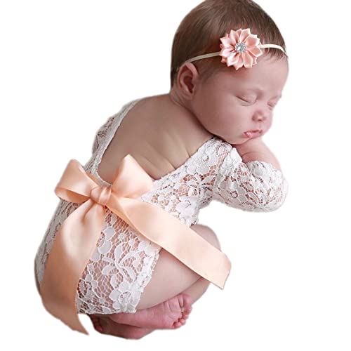 Blausky Kostüm für Neugeborene,Baby Fotoshooting Kostüme,Backless Spitze Strampler mit Schleifen,Babybekleidung Outfits,Fotografie Requisite,für Baby Foto Fotografie Prop Zubehör,Champagner von Blausky