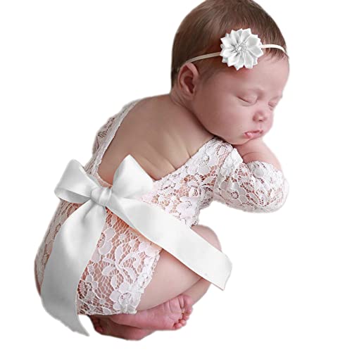 Blausky Kostüm für Neugeborene,Baby Fotoshooting Kostüme,Backless Spitze Strampler mit Schleifen,Babybekleidung Outfits,Fotografie Requisite,für Baby Foto Fotografie Prop Zubehör,Weiß von Blausky