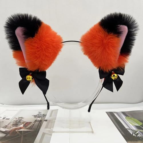 Blausky Plüsch Katze Ohren Haarreif,Fuchsohren Stirnband,Katzenohren Haarreifen mit Glocke und Schleife Damen Niedlich Haarschmuck Haarband Cosplay Kopf Zubehör für Halloween,Orange Schwarz von Blausky