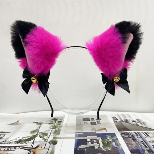 Blausky Plüsch Katze Ohren Haarreif,Fuchsohren Stirnband,Katzenohren Haarreifen mit Glocke und Schleife Damen Niedlich Haarschmuck Haarband Cosplay Kopf Zubehör für Halloween,Rosa Rot Schwarz von Blausky