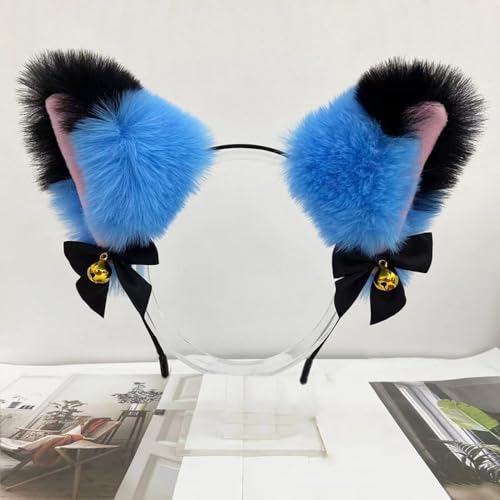 Blausky Plüsch Katze Ohren Haarreif,Fuchsohren Stirnband,Katzenohren Haarreifen mit Glocke und Schleife Damen Niedlich Haarschmuck Haarband Cosplay Kopf Zubehör für Halloween Party,Blau Schwarz von Blausky