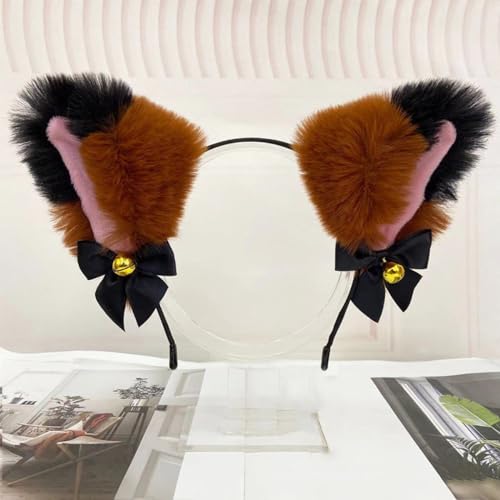 Blausky Plüsch Katze Ohren Haarreif,Fuchsohren Stirnband,Katzenohren Haarreifen mit Glocke und Schleife Damen Niedlich Haarschmuck Haarband Cosplay Kopf Zubehör für Halloween Party,Kamel von Blausky