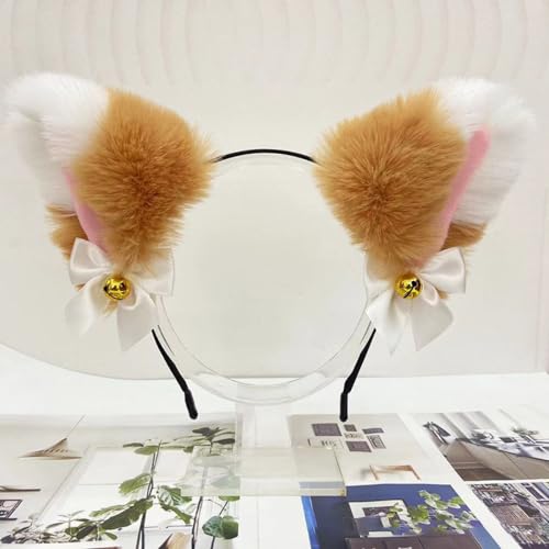 Blausky Plüsch Katze Ohren Haarreif,Fuchsohren Stirnband,Katzenohren Haarreifen mit Glocke und Schleife Damen Niedlich Haarschmuck Haarband Cosplay Kopf Zubehör für Halloween Party,Khaki Weiß von Blausky