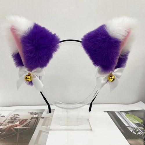Blausky Plüsch Katze Ohren Haarreif,Fuchsohren Stirnband,Katzenohren Haarreifen mit Glocke und Schleife Damen Niedlich Haarschmuck Haarband Cosplay Kopf Zubehör für Halloween Party,Lila Weiß von Blausky