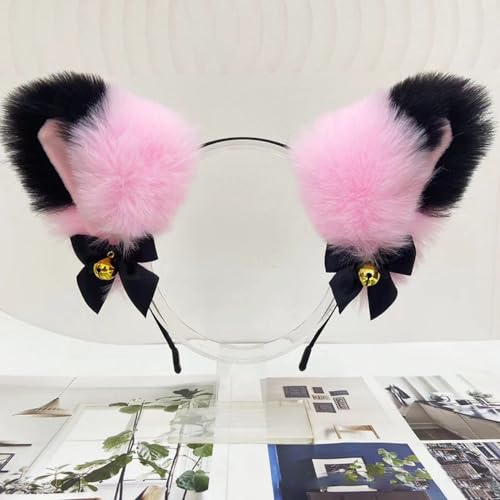 Blausky Plüsch Katze Ohren Haarreif,Fuchsohren Stirnband,Katzenohren Haarreifen mit Glocke und Schleife Damen Niedlich Haarschmuck Haarband Cosplay Kopf Zubehör für Halloween Party,Rosa Schwarz von Blausky