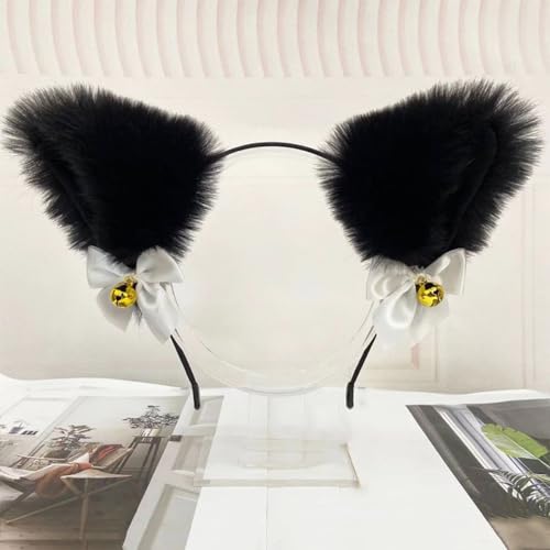 Blausky Plüsch Katze Ohren Haarreif,Fuchsohren Stirnband,Katzenohren Haarreifen mit Glocke und Schleife Damen Niedlich Haarschmuck Haarband Cosplay Kopf Zubehör für Halloween Party,Schwarz A von Blausky