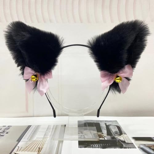Blausky Plüsch Katze Ohren Haarreif,Fuchsohren Stirnband,Katzenohren Haarreifen mit Glocke und Schleife Damen Niedlich Haarschmuck Haarband Cosplay Kopf Zubehör für Halloween Party,Schwarz B von Blausky