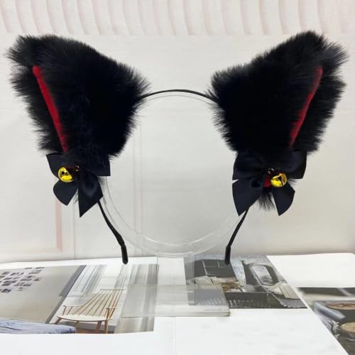 Blausky Plüsch Katze Ohren Haarreif,Fuchsohren Stirnband,Katzenohren Haarreifen mit Glocke und Schleife Damen Niedlich Haarschmuck Haarband Cosplay Kopf Zubehör für Halloween Party,Schwarz C von Blausky