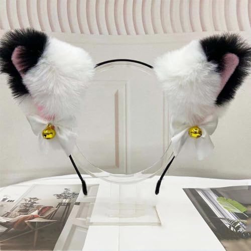 Blausky Plüsch Katze Ohren Haarreif,Fuchsohren Stirnband,Katzenohren Haarreifen mit Glocke und Schleife Damen Niedlich Haarschmuck Haarband Cosplay Kopf Zubehör für Halloween Party,Schwarz Weiß A von Blausky