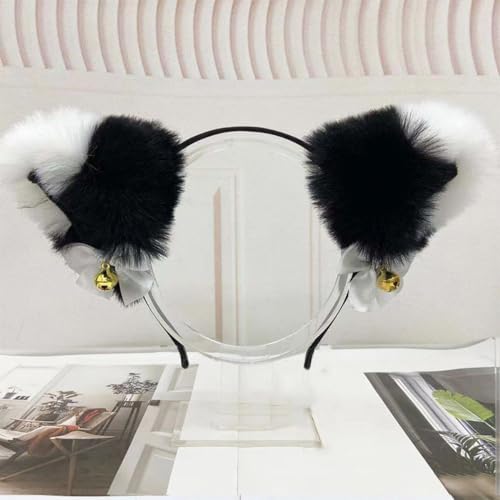Blausky Plüsch Katze Ohren Haarreif,Fuchsohren Stirnband,Katzenohren Haarreifen mit Glocke und Schleife Damen Niedlich Haarschmuck Haarband Cosplay Kopf Zubehör für Halloween Party,Schwarz Weiß C von Blausky
