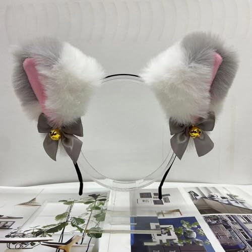 Blausky Plüsch Katze Ohren Haarreif,Fuchsohren Stirnband,Katzenohren Haarreifen mit Glocke und Schleife Damen Niedlich Haarschmuck Haarband Cosplay Kopf Zubehör für Halloween Party,Weiß Grau von Blausky