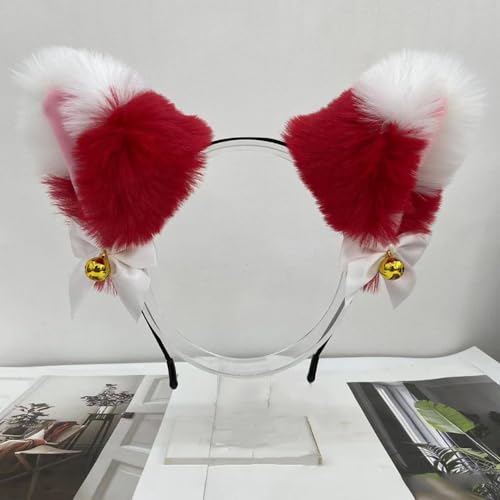 Blausky Plüsch Katze Ohren Haarreif,Fuchsohren Stirnband,Katzenohren Haarreifen mit Glocke und Schleife Damen Niedlich Haarschmuck Haarband Cosplay Kopf Zubehör für Halloween Party,Weiß Rot von Blausky
