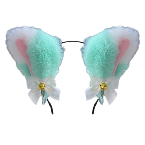Blausky Plüsch Katze Ohren Haarreif,Fuchsohren Stirnband,Katzenohren Haarreifen mit Glocke und Schleife Niedlich Haarschmuck Haarband Cosplay Kopf Zubehör für Halloween,Hellgrün Weiß Rosa von Blausky