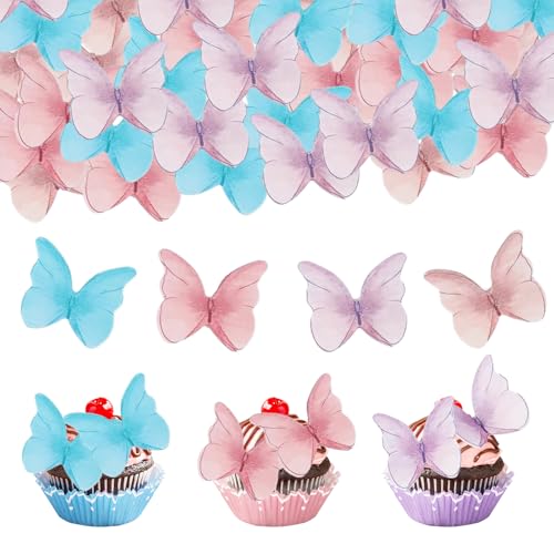 Bliceon 48 Stück Essbare Schmetterlinge Deko Torte, Farbig Schmetterlinge Tortendeko Essbar, Schmetterling Cupcake Topper für Hochzeit Geburtstag, Muffin Deko Essbar für Hochzeit,Babyparty von Bliceon