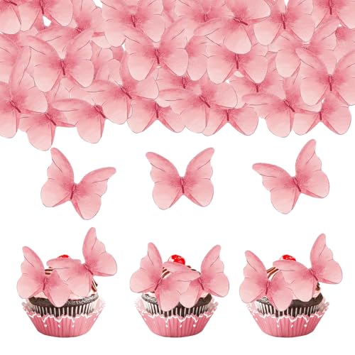 Bliceon 48 Stück Essbare Schmetterlinge Deko Torte, Rosa Schmetterlinge Tortendeko Essbar, Schmetterling Cupcake Topper für Hochzeit Geburtstag, Muffin Deko Essbar für Hochzeit,Babyparty von Bliceon