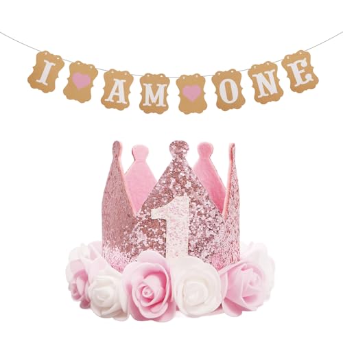 Dekoration zum 1. Geburtstag für Mädchen, Kronenhut und Banner, 1. Geburtstag, Kronenhut, Dekorationen mit niedlichem Blumenmuster für Babyparty, Geburtstag, Party, Foto-Requisiten, Rosa von Bliceon